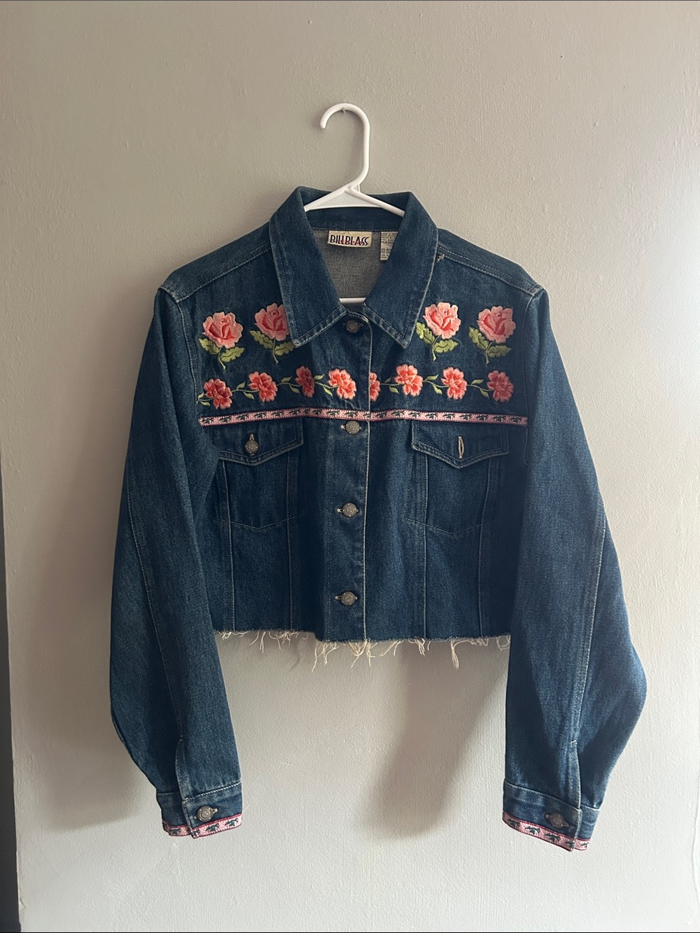 bill blass Dark Blue Denim Jacket with Pink Rose Embroidery